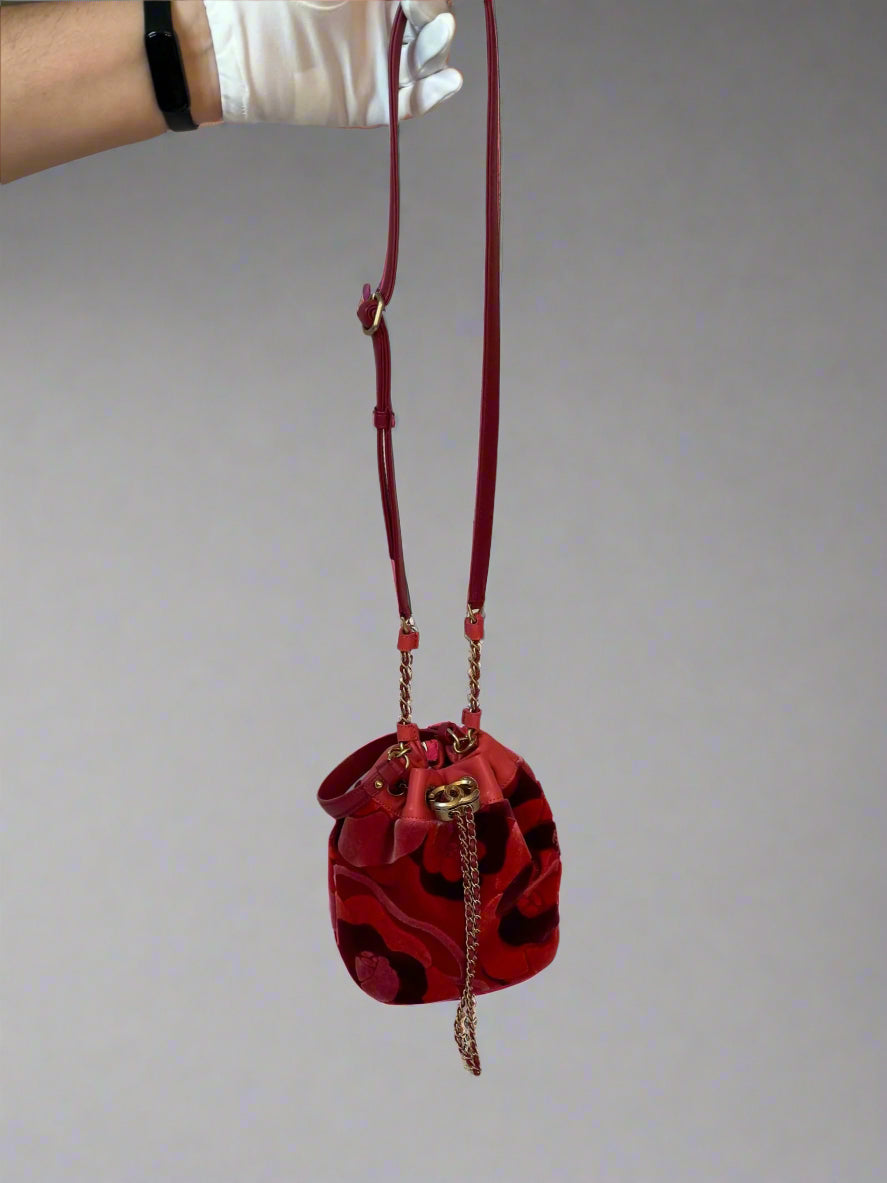 Pre-loved Chanel Camellia Velvet Drawstring Bucket Bag