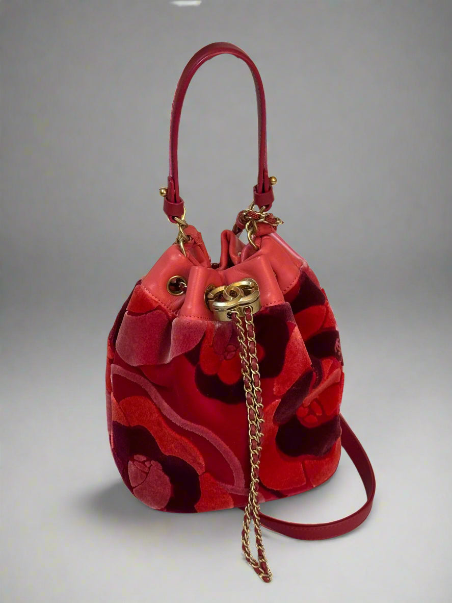 Pre-loved Chanel Camellia Velvet Drawstring Bucket Bag